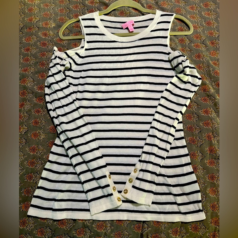 Women's Lilly Pulitzer Cold Shoulder Long Sleeve Sweater Size Small White/Navy
